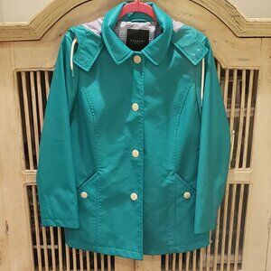Talbots Green Raincoat with White Buttons and Removable Hood